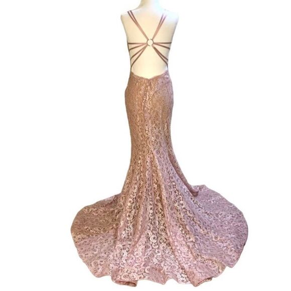 Jovani Blush Pink Embellished Prom Gown Fitted V-Neck Lace Evening Dress 0 - Picture 4 of 10